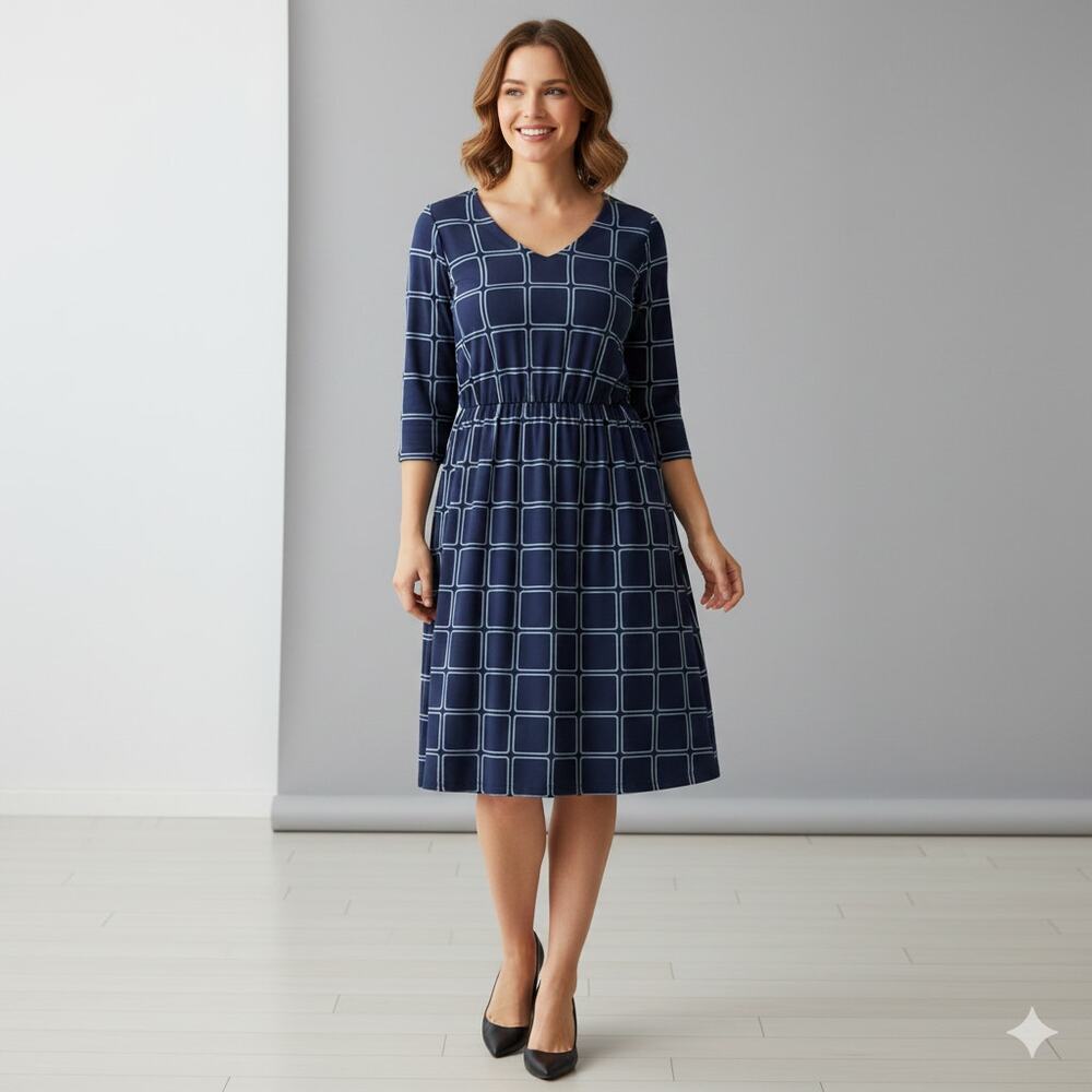Boden Eliza Midi Dress 16L Tall Blue White Grid Check Knit Long Sleeve Office